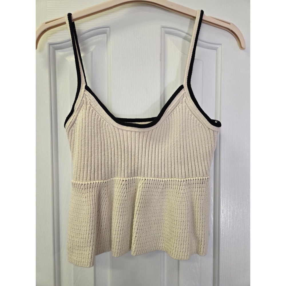 Tanya Taylor Mulberry Cream Ribbed Peplum Knit Camisole Top Black Trim L